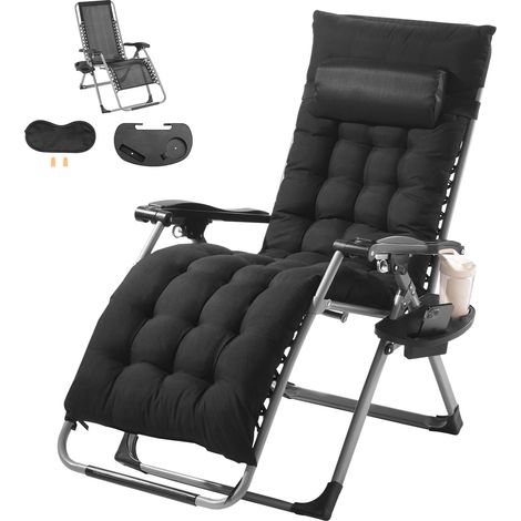 Fauteuil Inclinable Zéro Gravité, 645 mm, Transat Relax Jardin pour Intérieur Extérieur, Chaise Longue Anti-gravité Réglable avec Coussin, Appui-tête, Repose-pieds, Porte-gobelet, 226,8 kg, Noir (1/5)