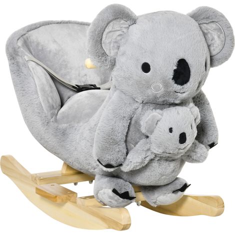 Koala à bascule gris 18 à 36 mois avec sons, ceinture et repose-pieds 60x33x50 cm, jouet enfant design sobre pour équilibre pratique et câlin