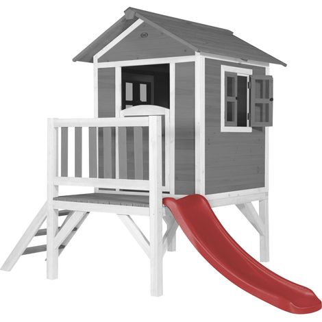 Axi Maison Enfant Beach Lodge Xl En Gris Avec Toboggan En Rouge Maison De Jeux En Bois Ffc Pour Les Enfants Maisonnette / Cabane De Jeu Pour Le Jardin