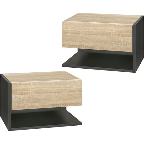 Lot de 2 Tables de Chevet murales - Lot de 2 Tables de Nuit - tiroir Coulissant, étagère, Bicolore Aspect chêne Noir