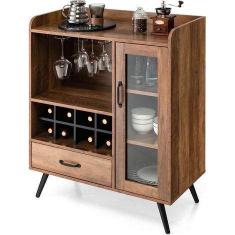 GOPLUS Buffet avec Compartiments Ouvert et Casiers à Vin, Meuble de Rangement Industriel avec Grand Placard et Tiroir, Convient pour Cuisine, Salon et Salle à Manger, 80 x 40,5 x 96,5 CM, Marron (1/5)