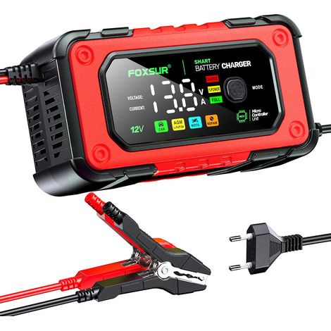 Chargeur de Batterie Moto 12V 7A FOXSUR – Intelligent Grand Écran Couleur LCD, Maintien et Réparation, AGM GEL Wet Calcium LiFePO4, Voiture Scooter Quad Tondeuse (1/5)