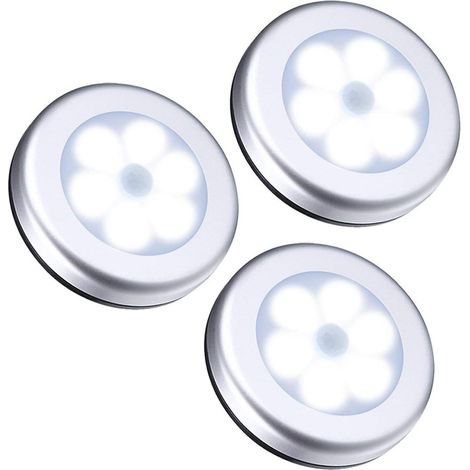 Lot de 3 lampes de sécurité à capteur de mouvement PIR sans fil, éclairage nocturne automatique, 6 LED, pour escaliers, armoires et placards (1/5)
