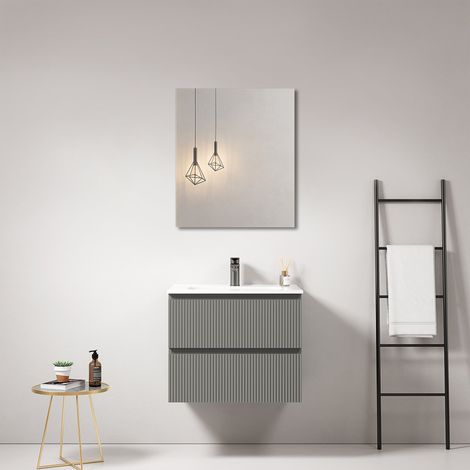 Mobile bagno sospeso cannettato 60 cm Grigio Londra Lavabo in Ceramica Specchio Quadro - Fiji Paint