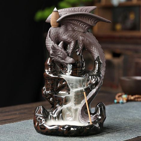 Brûleur d'encens à refoulement en forme de dragon – Plaqué porcelaine, 20 cônes à refoulement, 30 bâtons d'encens, décoration de maison et de bureau (1/5)