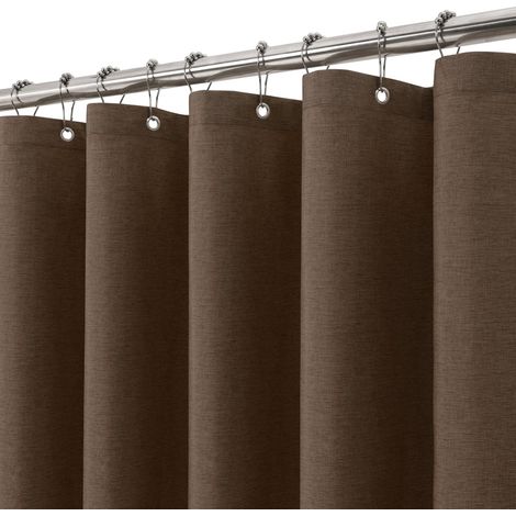 Rideau de Douche Lin avec Anneaux en Métal Imperméable Anti-Moisissures Polyester Tissu Rideau Salle de Bain Lourd pour Baignoire Cabine de Douche 152x214CM (Marron) (1/5)