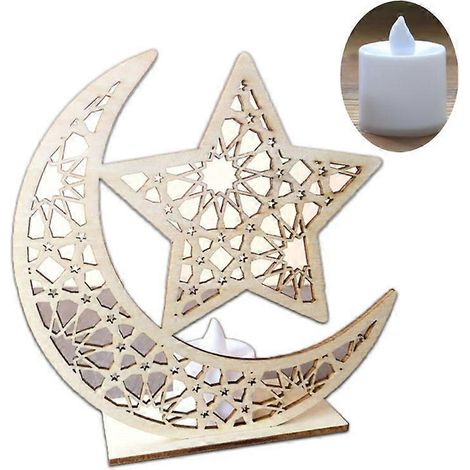 Ramadan Eid Mubarak Holzanhänger mit Mond- und Sternmotiv, islamisches Design, LED-Licht - dekorative hängende Mondsichel und Pentagramm für Feiern.