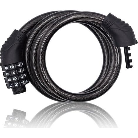 Bicycle lock cable, 4-digit combination, 1.1 m (3.6 ft) long, resettable, for electric scooter - Black