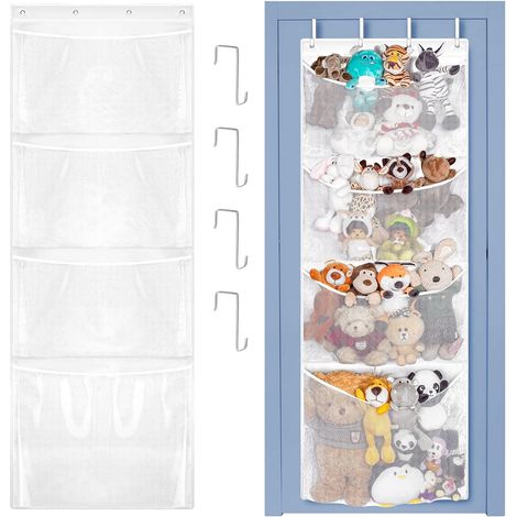 Sac De Rangement Pour Peluches - Organisateur Suspendu Haut De Porte - Filet À Mailles Respirantes - 4 Compartiments - Blanc - 65,7 X 23 Cm - 1 Pièce