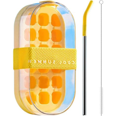 Bouteille à glaçons, 2 en 1, avec couvercle, bac à glaçons et gourde, pour la maison, le bureau, le pique-nique, le camping, moule à glaçons et boîte, jaune (1/5)