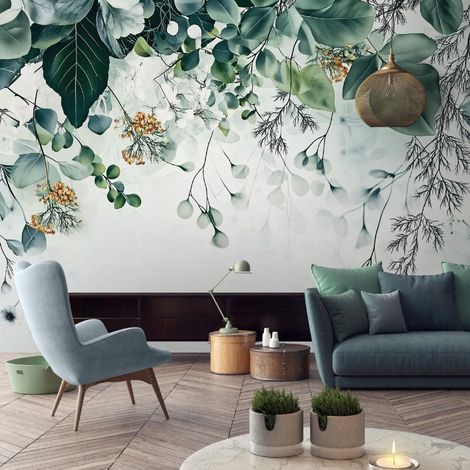 Vlies Fototapete Blätter 150x105 cm, Tapeten, für Wohn und Schlafzimmer, Vliestapete Wandtapete Tapete 3D Effekt- inkl. Kleister - botanisch Blumen Grün Weiß, WallArena (1/4)