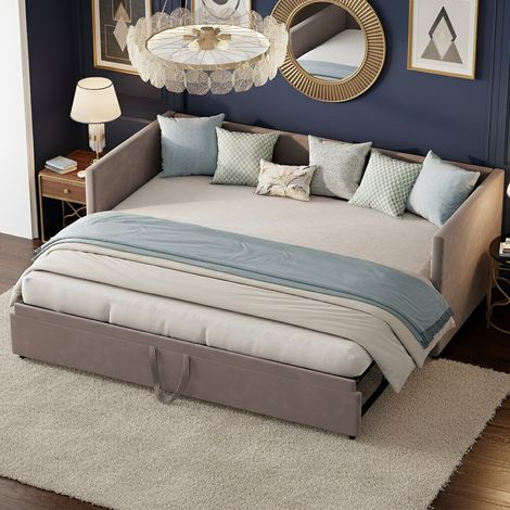 Canapé lit Convertible 2 Places 90/180 x 200 cm, Canape Lit Rembourré avec sommier à Lattes, Canapé-lit gigogne, Extensible, Tissu Velours, sans Matelas, Gris