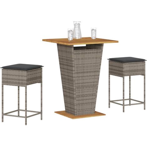 3-tlg. Gartenbar-Set mit Kissen Grau Poly Rattan