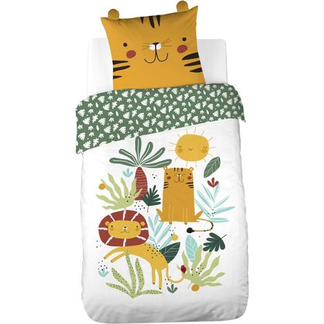 Parure de lit enfant 100% coton adouci motif tigre avec oreilles ludiques (1/5)
