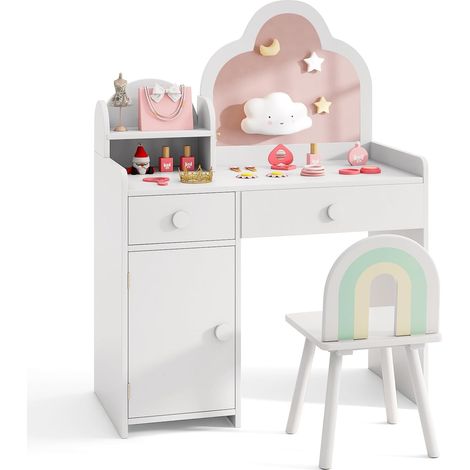 COSTWAY Set Toeletta Trucco per Bambina con Sedia, Tavolo Trucco Specchio a Nuvola Staccabile, Postazione Trucco con Ante e 2 Cassetti, per Bambine 3-7 Anni, Bianco (1/5)