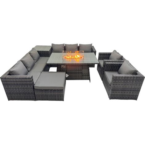 Fimous 9 Seater Garden Outdoor Rattan Furniture Set Patio Corner Sofa Gas Firepit Dining Table with Side Table Big Stool Dark Grey (1/5)