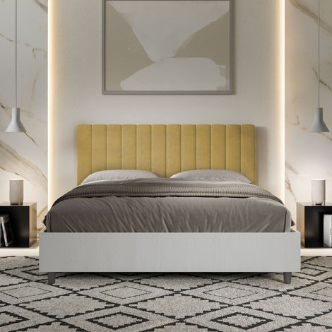 Letto contenitore da 160x190 in legno bianco e testata in microfibra ocra Kaia (1/5)