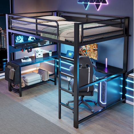 Hochbett 140x200 cm schwarz aus MDF und Metall mit Schreibtisch, LED-Beleuchtung, Steckdosen, USB und Stauraum (1/5)