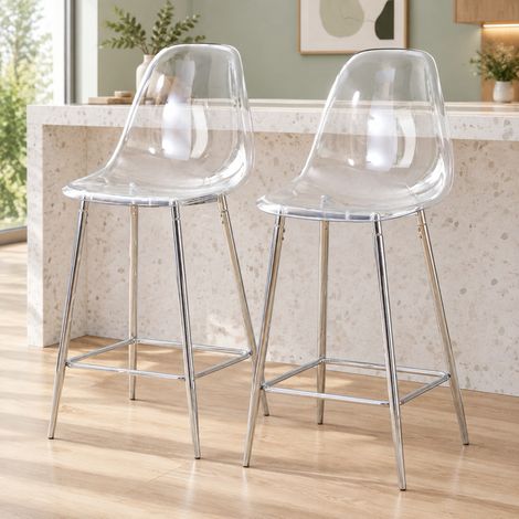 DESMIU Tabouret de bar avec assise transparente et repose-pieds, cuisine ou bar, en plastique et métal argenté (1/5)