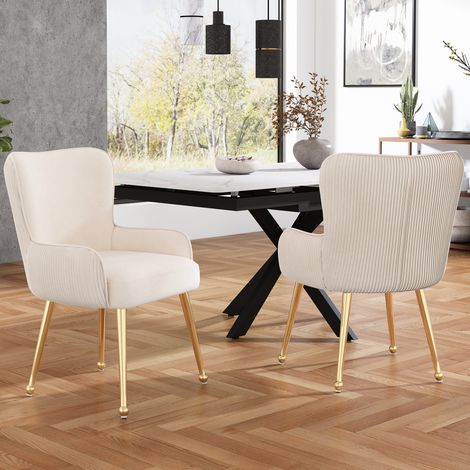 2er-Set Polsterstühle aus Samt in Beige mit goldfarbenen Metallfüßen und Armlehnen (1/5)