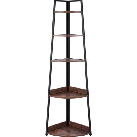 Étagère d'angle 5 niveaux en métal et bois, rangement mural pour plantes, livres et décorations, idéale pour chambre et salon. (1/5)