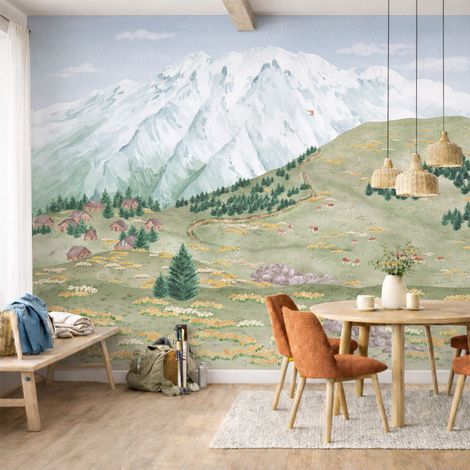 Papier peint panoramique - Les Alpes Printemps - Vert et bleu - intissé : 150g/m² - 7 lés : 336x270cm (1/5)