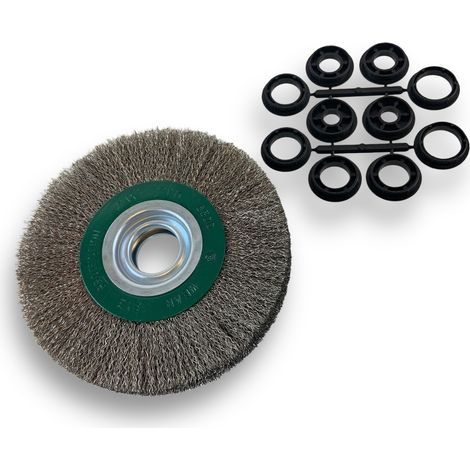 Brosse circulaire INOX Ø 175 mm Epaisseur 2 rangs Fil dur 0.30 mm ondulé Alésage 32 mm + réducteur bague 25/22/20/16/12 mm Touret meuleuse affûteuse ponceuse Kibros 235177IT (1/5)