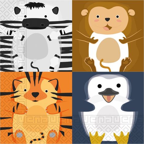 Tovaglioli di carta con motivo ANIMALI, ZOO, Safari, Giungla, Compleanno, 33x33 cm, 20 pezzi. (1/3)
