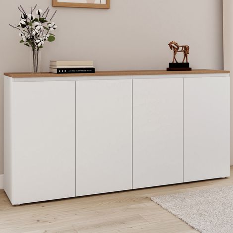 Aparador TOBY 160 cm con 4 puertas blancas y encimera de madera