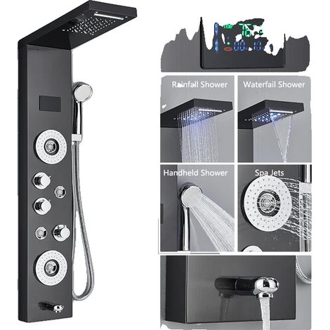 Set di rubinetteria per doccia, con soffione a pioggia e doccetta, display digitale a LED per la temperatura, miscelatore, colore nero 8006 (1/2)