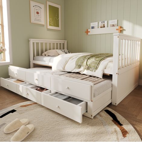 Lit en bois 90x200 cm blanc – avec tiroirs et lit d'appoint, sans matelas (1/5)