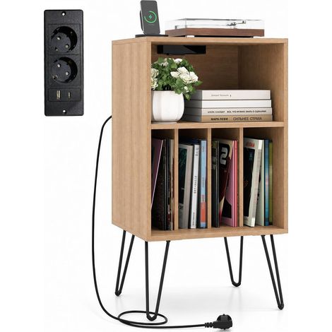 COSTWAY Meuble Tourne-Disque Vinyle avec Prise (Chêne Clair)