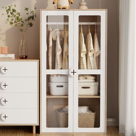 Armoire enfant 80x50x150 cm naturel et blanc en MDF avec portes acryliques et étagères réglables (1/5)