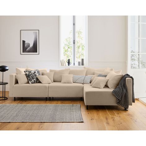 Lisa Design – Canapé modulable d'angle réversible 4 places – Velours côtelé beige – Pieds en métal noir – Dimensions 290x190cm (1/5)