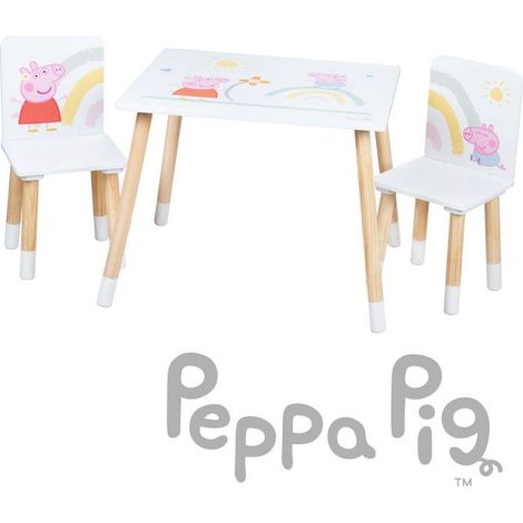 Tisch und 2 Kinderstühle - ROBA - Peppa Pig - Massivholzbeine - Weiß / Rosa / Natur