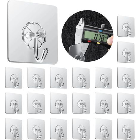 Paquete de 20 ganchos adhesivos de pared, transparentes, de acero inoxidable, capacidad de carga de 20 kg, para cocina y baño. (1/5)