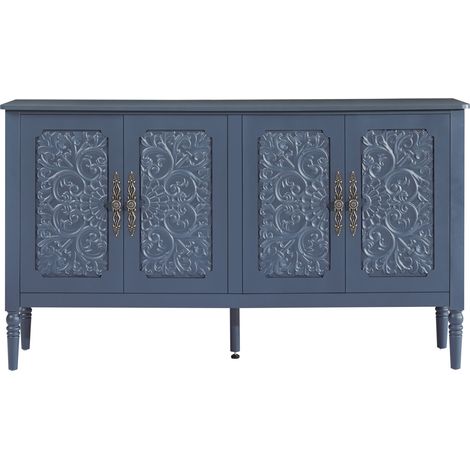 Buffet vintage à portes sculptées, grand meuble de rangement, coins arrondis et pieds tournés pour salle à manger, salon ou entrée, bleu marine CHICFURN (1/5)