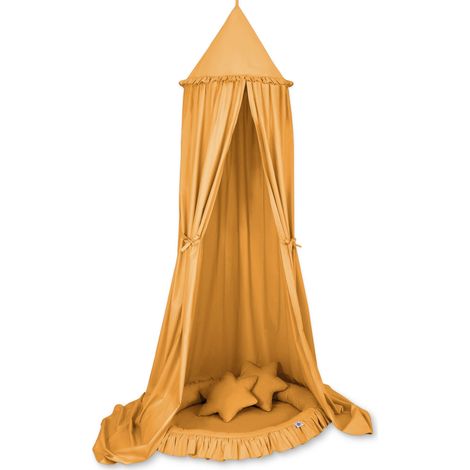 Set: baldacchino sospeso per la cameretta dei bambini, nido con volant, cuscini - senape