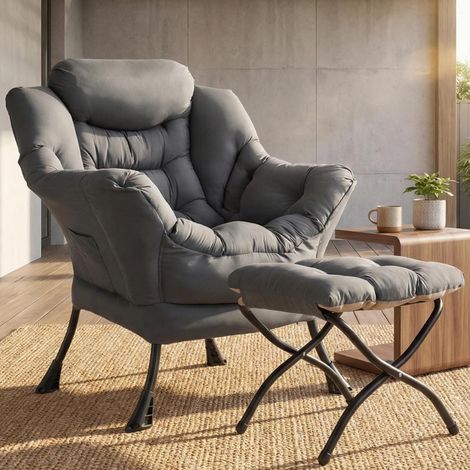 Ohrensessel mit Hocker, moderner Loungesessel mit Seitentasche, dunkelgrau (1/5)