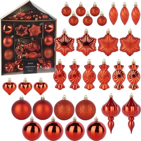 Bruchsichere rote Weihnachtsbaumkugeln, 32 Stück, 3–11,5 cm Durchmesser