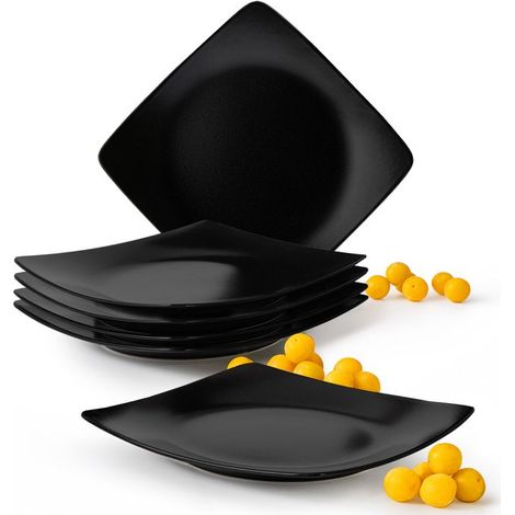 6 assiettes plates céramique, design carré moderne, finition mate noire, 25x25 cm, usage quotidien et festif