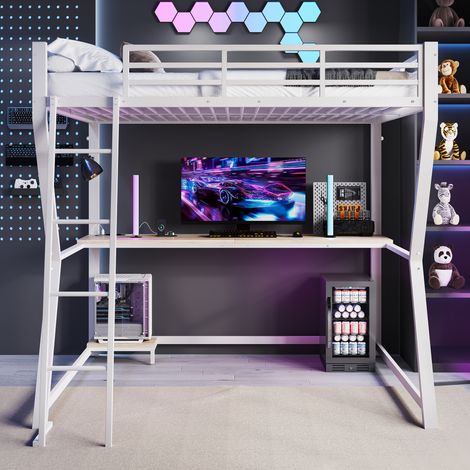 Lit mezzanine 140 x 200 cm avec bureau, étagère pour unité centrale, prise + USB, éclairage LED et structure en métal et MDF - blanc (1/5)
