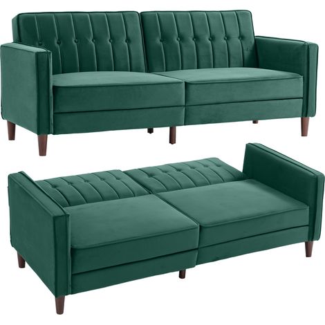 Sofa Bed, Velvet Feel Three Seater, 189 x 80.5 x 78.5 cm, Green (1/5)