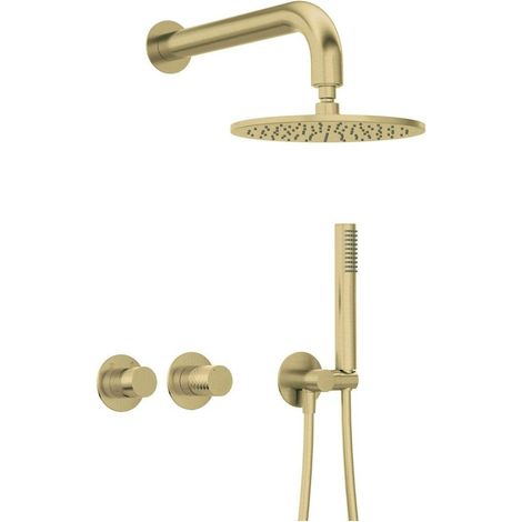 Ensemble de mitigeur de douche encastré horizontal avec douchette et pomme de douche, finition or brossé - Hexo