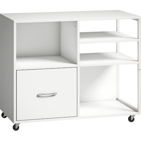 Mobile Porta Stampante 80x40x65,5 cm con Ruote e Cassetto A4 in Legno e Metallo Bianco (1/5)