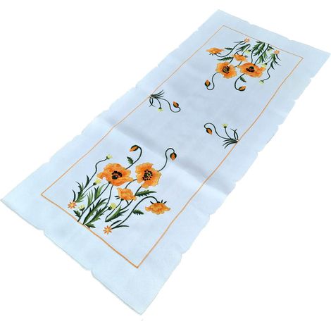 Weißer Tischläufer, bestickt, 40/85 cm, Frühlings-Tischläufer mit bunten orangefarbenen Blumen