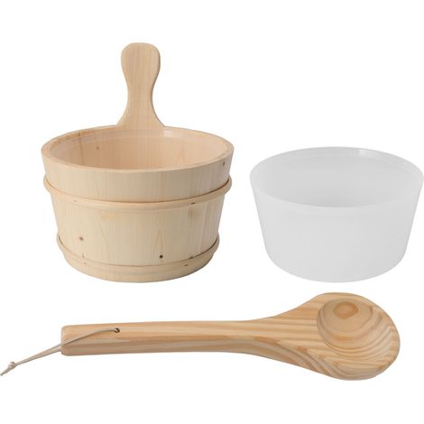 Ensemble louche et seau en bois pour sauna, 4 L, avec doublure en plastique, pour spa, piscine et baignoire de massage.