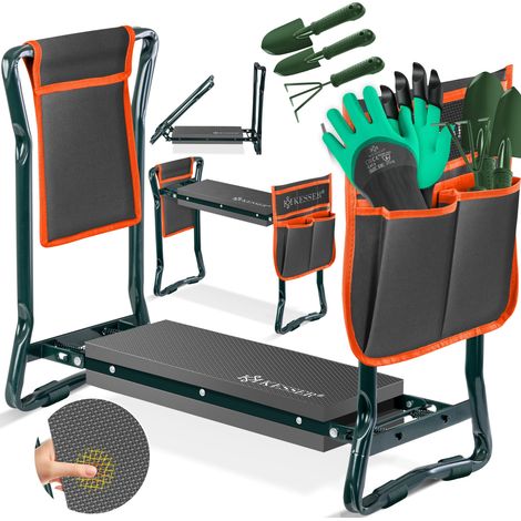 KESSER® 2 in 1 XXL Panca per giardinaggio imbottita Cuscino in schiuma di Eva Sgabello da giardino pieghevole Incl. 2x borsa per attrezzi Panca da giardino regolabile in altezza Antracite / Arancione