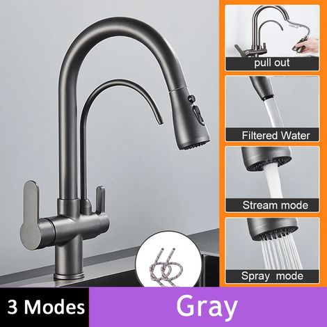 Robinet de cuisine à filtre tactile (Gris sans capteur) avec douchette extractible et double poignée, mitigeur d'évier noir. (1/5)