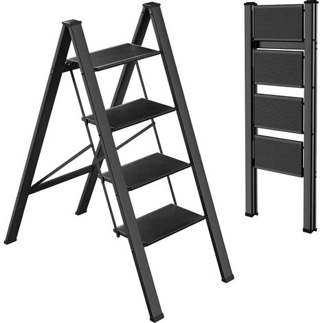 Escalera retráctil, ligera, plegable, negra, de 4 peldaños. (1/2)